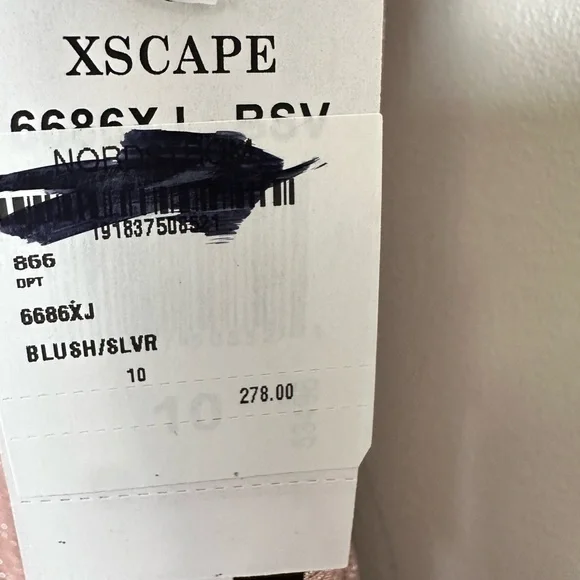 XSCAPE EVENINGS Blush / Silver Ruffle Off the Shoulder Foil Knit Trumpet Gown - Picture 8 of 11